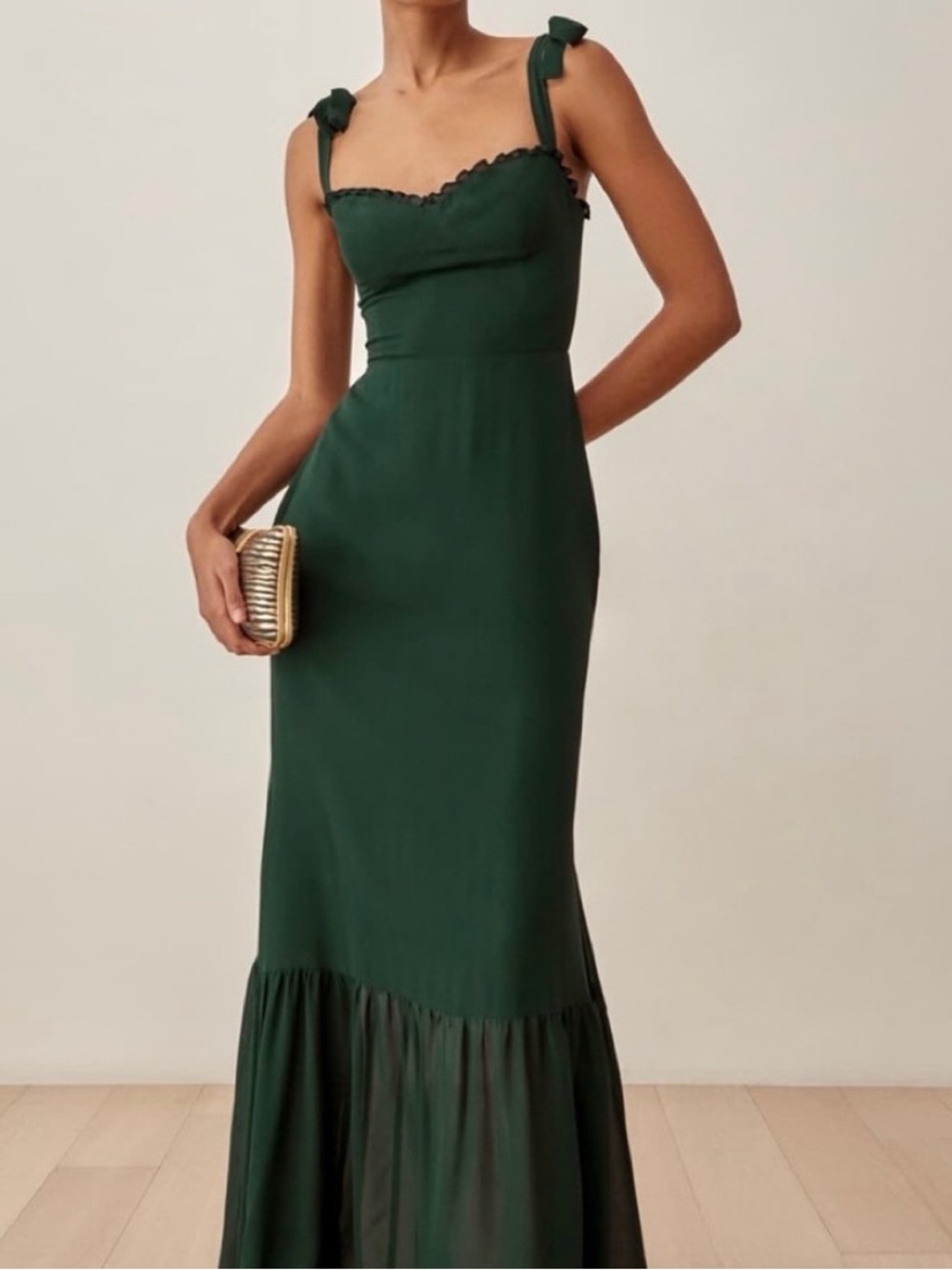REFORMATION NIKITA Forest Green Tie-Shoulder Maxi Dress Size 2